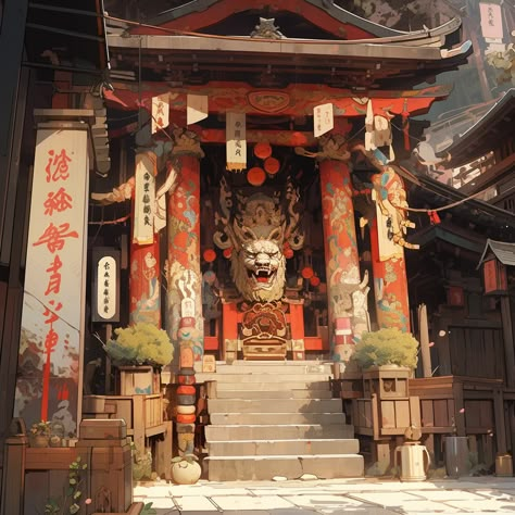 Japan Concept Art, Chinese Shrine, Earth's Spheres, Asian Architecture, Building Concept, Scenery Background, Game Concept Art, Japanese Aesthetic, Japanese Painting