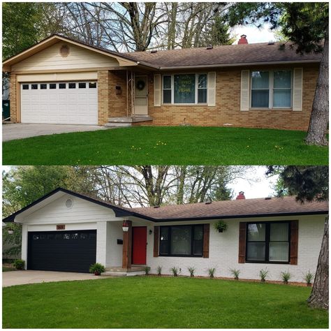 We transformed the look of our outdated brick ranch to a modern chic white brick with black trim and wooden accents. We made all the shutters for less than $50. Brick House With Black Trim, White Brick House Exterior, House Black Trim, House With Black Trim, White House Black Trim, Painted Brick Ranch, White Brick House, Brick Ranch Houses, Ranch House Remodel