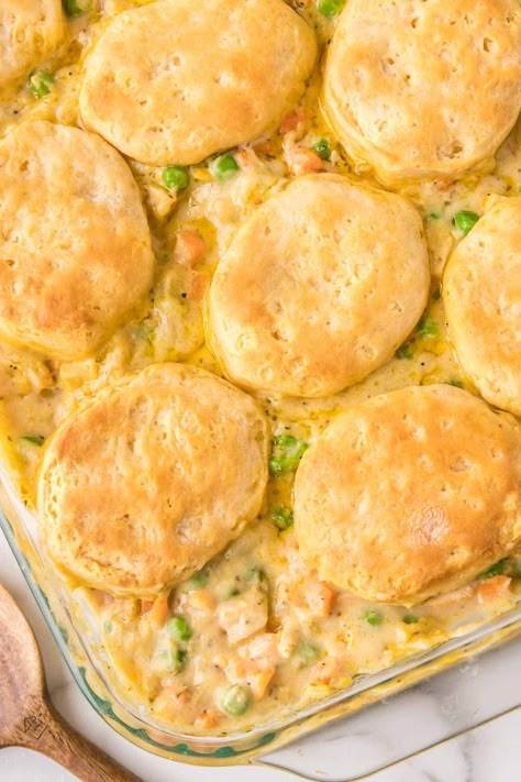 This easy chicken pot pie casserole recipe with golden brown biscuits, a creamy sauce, and mixed veggies is the ultimate comfort food. Feed the whole family with this easy dinner recipe. This creamy chicken pot pie casserole is made with pre-cooked chicken, canned soup, frozen mixed vegetables, and canned flaky biscuits for easy prep, perfect for busy nights. Use leftover chicken breasts, grilled chicken breast, chicken patties, chicken nuggets, or rotisserie chicken. Stove Top Stuffing Recipes Chicken, Easy Chicken Pot Pie Casserole, Week Day Dinners, Stove Top Stuffing Recipes, Creamy Chicken Pot Pie, Ground Beef Dinners, Leftover Chicken Breast, Stove Top Stuffing, Best Chicken Pot Pie