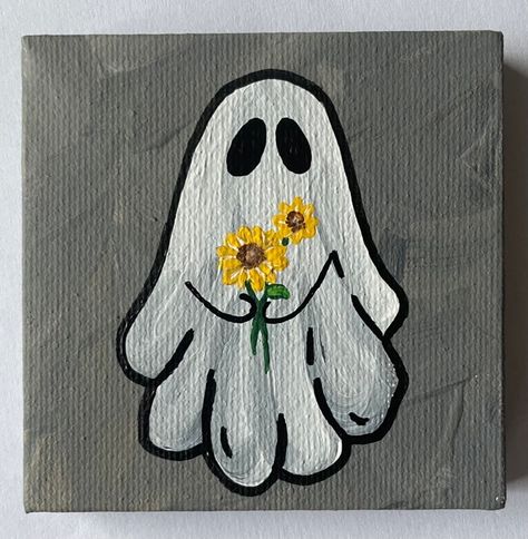 Canvas Painting Halloween, Halloween Watercolor Art, Halloween Canvas Paintings, Canvas With Acrylic Paint, Halloween Canvas Art, Hand Painted Halloween, Tiny Paintings, Cute Easy Paintings, Couples Art