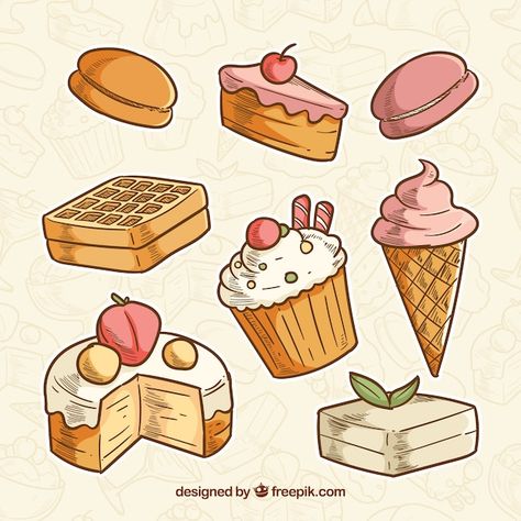 Sweet desserts collection in hand drawn ... | Free Vector #Freepik #freevector #ice-cream #chocolate-ice-cream #sweet-food #sweet-bakery Diy Spa Treatments, Desserts Drawing, Cake Drawing, Illustration Food, Mind Body And Soul, Kawaii Food, Food Drawing, Cute Easy Drawings, Diy Natural Products