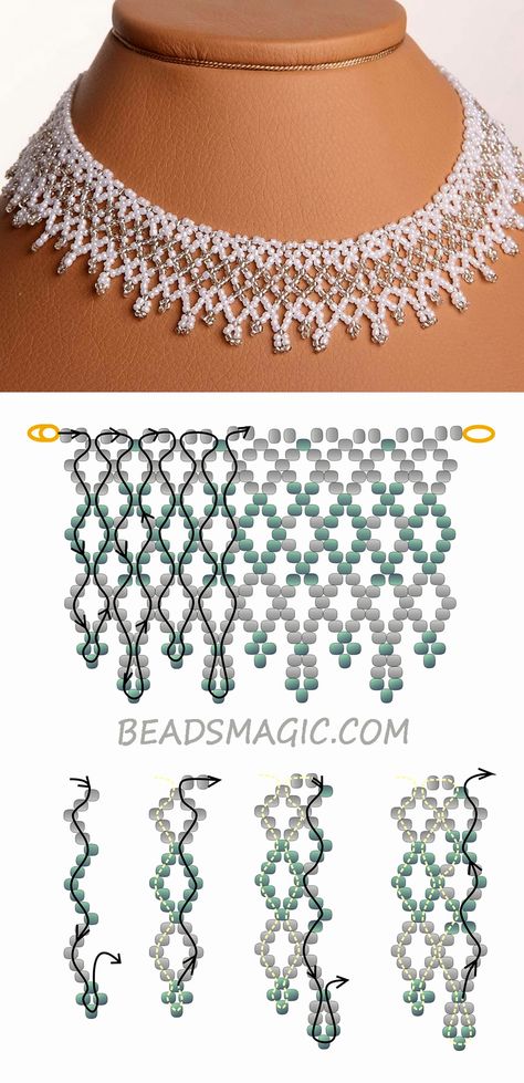 Free pattern for wedding necklace Dia 11/0 Diy Necklace Patterns, Beads Magic, Wedding Jewelry And Accessories, Seed Bead Tutorials, Beaded Necklace Patterns, Beading Netting, Bead Tutorials, Necklace Tutorial, Beaded Jewelry Tutorials