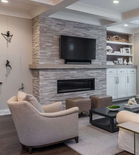 Grey interior but make it warm with lots of textures for interest. Modern #stackedstone #linearfireplace with a thick limestone mantle ledge. Builder: @stevegrayrenovations Limestone Mantle, Linear Fireplace, Grey Interior, Gray Interior, Stacked Stone, August 1, Make It, New Homes, Interior Design