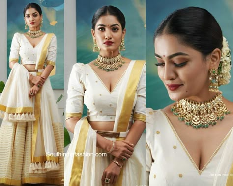 Kasavu Outfits, Onam Saree Photoshoot, Kerala Lehenga, Kasavu Lehenga, Onam Makeup Look, Onam Makeup, Onam Photoshoot Ideas, Onam Look, Gajra Bun