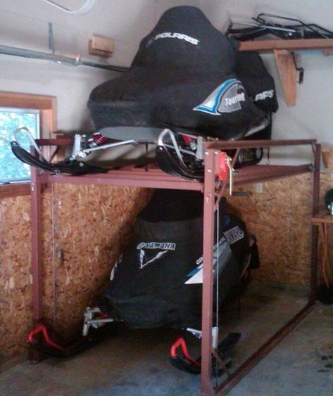 Snowmobile Storage, Garage Storage Lift, Snowmobile Lift, Snowmobiling Humor, Snowmobile Girl, Atv Storage, Garage Cleaning, Snowmobile Trailers, Snowmobile Accessories