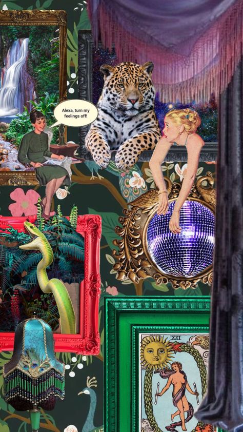 Tropigoth gallery wall #tropigoth #tropical #goth #fyp #foryou #foryoupage #gallery #wall #space #waterfall #disco #retro Jungle Disco, Tropical Goth, Island Birthday, Goth Bedroom, Explorers Club, Rumble In The Jungle, Disco Club, Jungle Vibes, Persian Art Painting