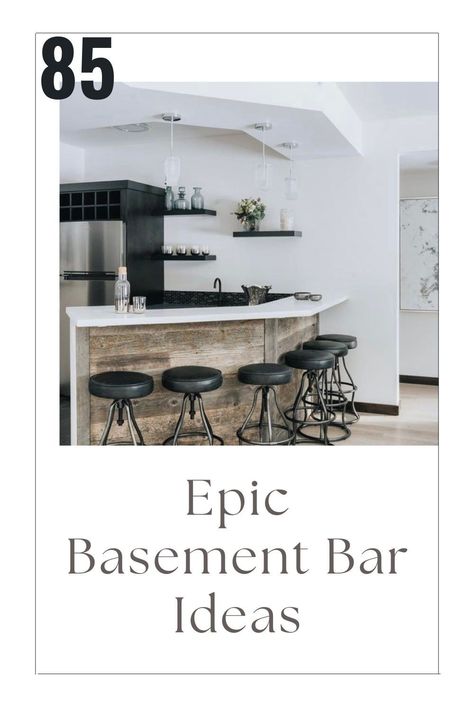 The best ideas for your basement bar including what layout to choose, how to design your home bar, wet bar ideas, the best bar accessories, signs décor and more. Basement Bar With Drop Ceiling, Home Bar Layout Plan, Butcher Block Bar Top Basement, Classy Basement Bar, Basement Wall Bar Ideas, Under Bar Counter Ideas, Basement Bar Designs Layout, Bar Wall Decor Ideas, Wall Bar Ideas