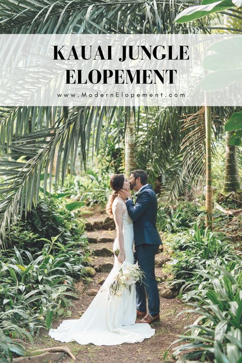 Check out this real wedding that was out in the lushous jungle of Kauai | By Modern Elopement #KauaiElopement #Jungle Wedding In Kauai, Kauai Wedding Venues, Jungle Themed Wedding, Jungle Wedding Theme, Simple Wedding Theme, Hawaii Vow Renewal, Jojo Wedding, Waterfall Shoot, Us Destination Wedding