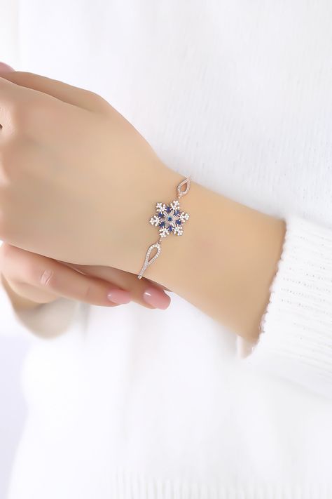 Elegant Sterling Silver Blue Topaz Bracelet Gift, Elegant Light Blue Aquamarine Bracelet, Elegant Blue Cubic Zirconia Crystal Bracelet, Blue Cubic Zirconia Crystal Bracelet, Elegant Adjustable Crystal Bracelet, Nickel-free, Winter Bracelet, Snowflake Bracelet, Cute Gift Boxes, Bridesmaid Bracelet