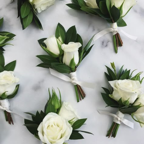 example of white spray roses in a boutonniere. could include one or two blooms. these also include a bit of greenery, but wouldn't have to. could keep them simple with just the bloom, or add a stem of something to trim such as sweet pea, astilbe, etc. Spray Roses Boutonniere, White Spray Roses, Wedding Party Flowers, Rose Boutonniere, Prom Flowers, Groom Boutonniere, Corsage Wedding, Boutonniere Wedding, Deco Floral