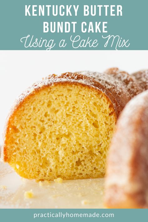 This Easy Kentucky Butter Bundt Cake recipe is the perfect example of a simple but delicious recipe your family is sure to LOVE. A perfect pound cake made with a cake mix, soaked in a sugar glaze and topped with powdered sugar for the ultimate quick and easy dessert! Click through to get my easy recipe based on a cake mix. Bundt Cake With Yellow Cake Mix Boxes, Yellow Cake Mix Bundt Cake, Yellow Cake Mix Pound Cake, Yellow Bundt Cake Recipes, Yellow Cake Mix Bundt Cake Recipes, Butter Golden Cake Mix Recipes, Butter Cake Mix Recipes, Yellow Bundt Cake, Cake Mix Pound Cake