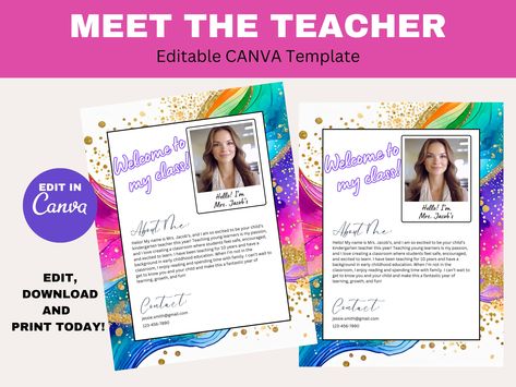 Make a great first impression with this Editable Meet the Teacher Template! This modern and stylish design is perfect for introducing yourself to students and parents at the start of the school year. The editable Canva template allows you to personalize the text, change fonts, and adjust font colours to match your style. Simply add your photo, update your information, and print. Designed with a trendy rainbow watercolor background, this template is both professional and inviting. Perfect for back-to-school night, open house events, or parent-teacher introductions, this resource will help you connect with families in a fun and engaging way. Whether you're a kindergarten teacher, elementary teacher, middle school teacher, or high school educator, this template is versatile and easy to custom Rainbow Watercolor Background, Teacher Welcome Letters, Teacher Introduction Letter, Teacher Middle School, Teacher Introduction, Modern Teacher, Introducing Yourself, Introduction Letter, Teacher Forms