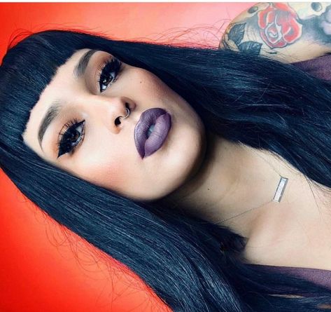 Lora Arellano #meltcosmetics Alt Makeup Looks, Felt Eyeliner, Lora Arellano, Betty Bangs, Neon Lipstick, Cute Eyeshadow Looks, Alt Makeup, Melt Cosmetics, Glasses Makeup