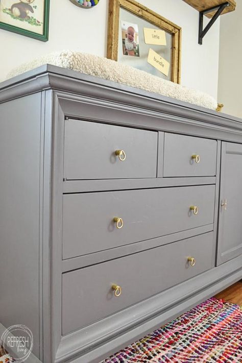 I love the gray dresser with the brass pulls. This dresser started as a dark cherry wood color; it looks so much better now. Bedroom Dresser Makeover, Grey Painted Dresser, Cherry Bedroom Furniture, Dresser Hardware, Gray Dresser, Cherry Wood Furniture, Vintage Bedroom Furniture, Grey Bedroom Furniture, Grey Dresser