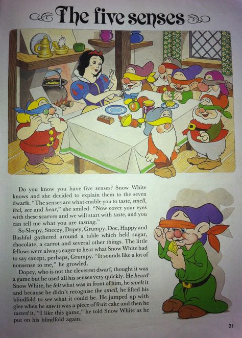 Snow White: Short Disney story about the 5 senses, good introduction to lesson about the 5 senses. Teacher can be Snow White and students the dwarves !! Snow White Story, Kindergarten Science Activities, Family Activities Preschool, Princess School, Homeschool Unit Studies, The 5 Senses, The Dwarves, Esl Games, Good Introduction