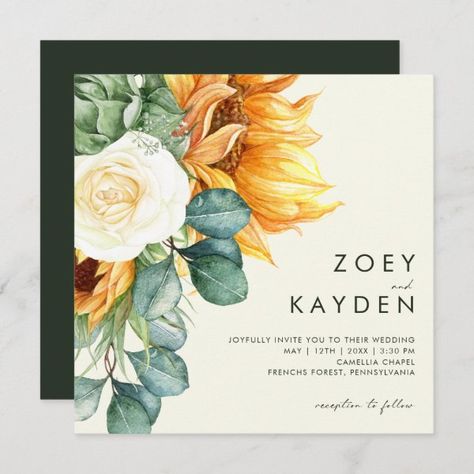 Bold Country Sunflower Light Yellow Square Wedding Invitation Rose Backyard, Light Yellow Weddings, Fall Foliage Wedding, Rustic Wedding Stationery, Bold Wedding Invitations, Dark Green Wedding, Yellow Wedding Invitations, Square Wedding Invitations, Wedding Invitation Trends