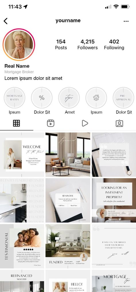 Beautiful modern minimalistic stylish Instagram feed with professional design for Mortgage Brokers or Specialists in grey and white colors. Mortgage Broker Marketing Social Media, Mortgage Social Media Ideas, Mortgage Social Media Post, Mortgage Lender Social Media Posts, Mortgage Broker Social Media Post, Mortgage Broker Marketing Ideas, Mortgage Social Media, Mortgage Content, Insta Grid