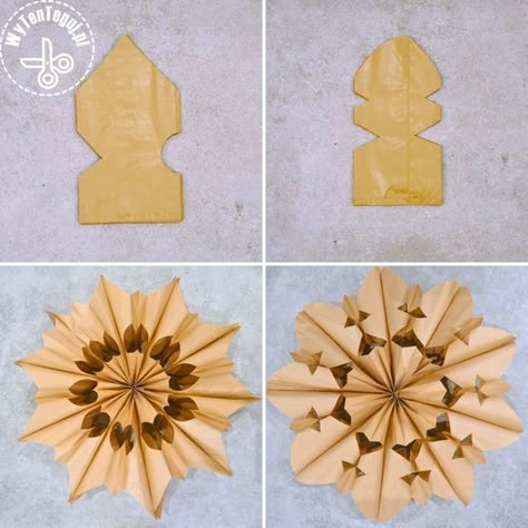 How to make paper bag snowflakes Paper Bag Stars, Make Paper Bag, Paper Bag Snowflakes, Party Decor Backdrop, Bag Snowflakes, Snowflakes Diy, Paper Snowflakes Diy, Diy Paper Bag, Outdoor Christmas Planters