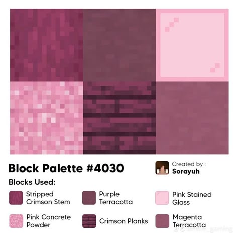 Minecraft Pink Floor Designs, Minecraft Colour Palette Pink, Pink Minecraft Palette, Minecraft Japanese Block Palette, Pink Block Pallet Minecraft, Acnh Pink Dirt Path, Minecraft Pink Pallet, Pink Minecraft Pallet, Minecraft Block Palette Crimson