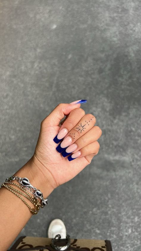 Navy Blue French Tip Nails Coffin, Nails With Navy Blue Dress, Navy Blue French Nails, Sapphire Blue Nails, Dark Blue French Tip Nails, Midnight Blue Nails, Sparkly French Tips, Navy Blue Nail Designs, Blue Prom Nails