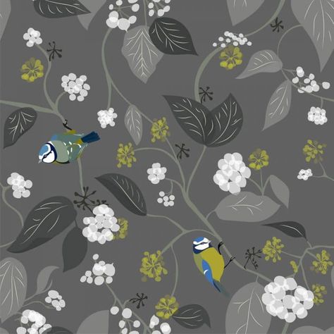 Spring-Ivy-Slate-Wallpaper-Lifestyle-Square-Save-For-Web Pink Wallpaper Design, Blush Pink Wallpaper, Slate Wallpaper, Wildlife Wallpaper, Feature Wall Bedroom, Feature Wall Living Room, Gray Wallpaper, Modern Birds, Cover Wallpaper