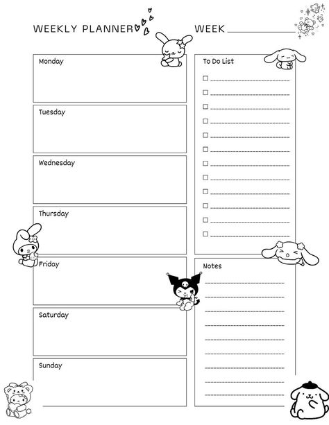 Weekly planner template #kidplannerprintable Sanrio Weekly Planner Template, Cute Weekly Planner Template Aesthetic, Sanrio Calendar 2024 Printable, Sanrio Planner Printables, Anime Planner Template, Sanrio Planner Template, Good Note Templates, Sanrio Weekly Planner, Aesthetic Weekly Planner Template