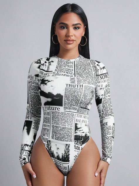 SHEIN PETITE Newspaper Print Slim Fit Bodysuit | SHEIN USA Newspaper Print, Newspaper Printing, Womens Bodysuit, Amazing Products, Stripe Print, Fashion Online Shop, All Fashion, Online Fashion, Newspaper