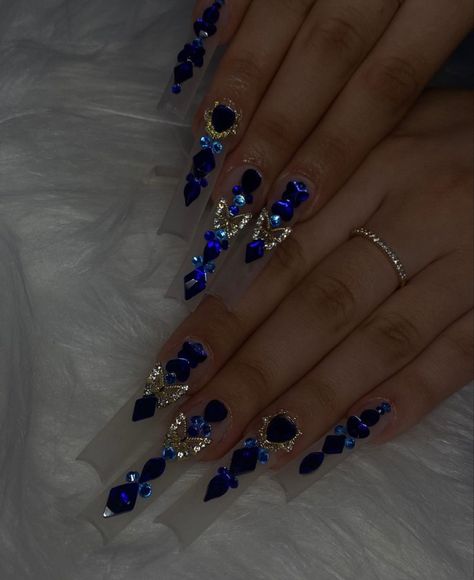 Dark Blue Quinceanera Nails, Navy Blue Nails For Quince, Navy Quince Nails, Royal Blue Quinceanera Nails Gold, Quince Nails Blue And Gold, Royal Blue And Gold Butterfly Nails, Quince Nails Blue Butterfly, Royal Blue Quince Nails, Royal Blue And Silver Nails