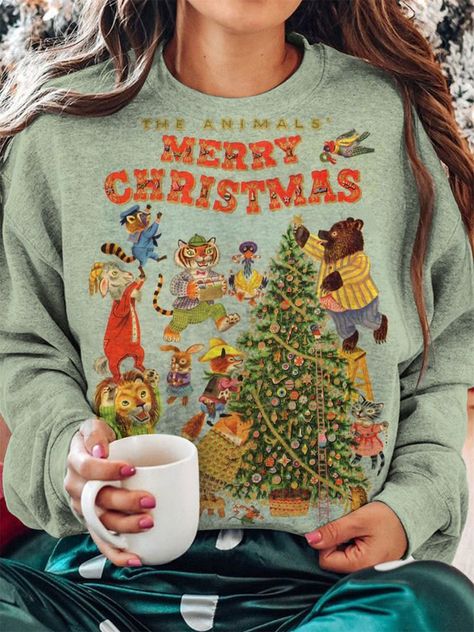 100% Cotton Clothing Women, Christmas In July Outfit Ideas, Holiday Shopping Outfit, Christmas Styles, Round Neck Long Sleeve Top, Christmas Clothes, Christmas Print, Holiday Sweater, Top Gifts