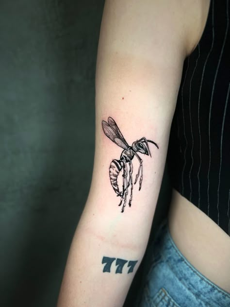 Wasp tattoo on arm Traditional Wasp Tattoo, Wasp Tattoo Design, Wasp Tattoo, Red Wasps, Neat Tattoos, Sick Tattoos, Tattoo On Arm, Bug Tattoo, Tattoo Board