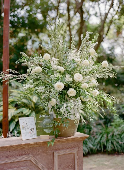 Wedding Bar Arrangement, Bar Floral Arrangement, Bar Flowers, Olive Branch Wedding, Bar Wedding Reception, Wedding Cheers, White Flower Arrangements, Ethereal Wedding, White Bar