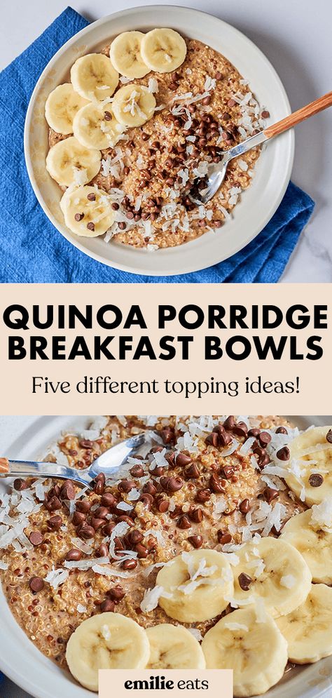 Switch it up from your daily oats and make this Quinoa Breakfast Bowl instead! This quinoa porridge is creamy, satisfying and energizing! It's a delicious vegan breakfast bowl that will keep you going all morning long! Vegan Breakfast Bowl, Banana Quinoa, Vegan Quinoa Recipes, Inflammatory Meals, Porridge Breakfast, Quinoa Recipes Breakfast, Savory Quinoa, Breakfast Rice, Quinoa Porridge