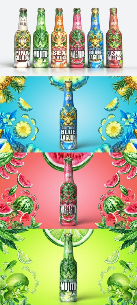 Antonia Skaraki A.S. - Packaging Design for Hola Espirito Ready to Drink Cocktail Series – The challenge was the creation of a new series that would reintroduce signature cocktails to young people, in the form of ready to drink products. We decided to create a new brand that would encompass this by using a greeting word like «Hola» and designing each bottle as a visual preview of what’s inside them. – #spirits #packagingdesign #worldpackaging Cocktail Bottles Packaging Design, Cocktail Bottle Packaging, Soft Drink Bottle Design, Bottled Cocktails Packaging Design, Soft Drink Packaging Design, Soft Drinks Packaging, Cocktail Bottle Design, Cocktail Label Design, Ready To Drink Cocktails