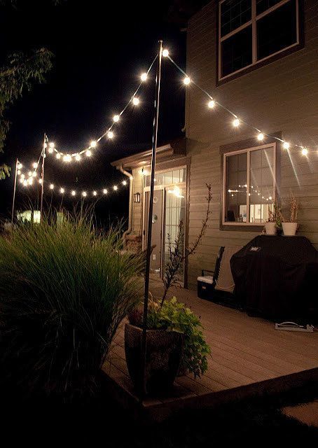 Make outdoor entertaining extra special with this supereasy (and cheap!) DIY for outdoor string lights. Pergola Modern, Diy Outdoor Lighting, Shabby Chic Garden, Patio String Lights, Backyard Lighting, Have Inspiration, Casa Exterior, Deck Lighting, Patio Lighting