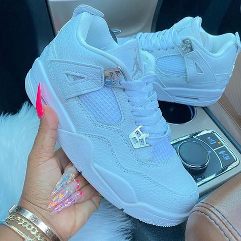 Luxury White Air Jordan 4 For Sports, Jordan 4 White Metallic Silver, Luxury White Air Jordan 4, Jordan 4 Metallic Gold, Jordan 4 Retro Royalty, Jordan 4 Retro Metallic, Fly Shoes, Shoes Sneakers Jordans, Jordan Shoes Girls