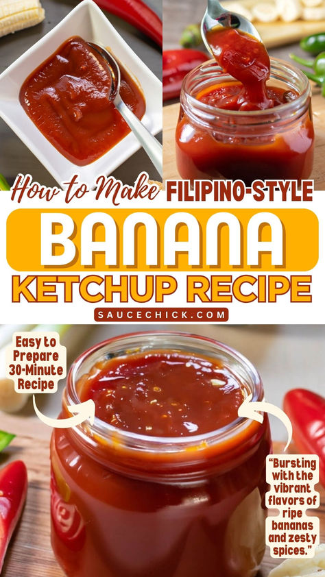 Banana Ketchup Recipe Green Ketchup Recipe, Banana Bbq Sauce, Banana Ketchup Recipe, Filipino Banana Ketchup Recipe, Recipes With Ketchup, Diy Ketchup, How To Make Ketchup, Ketchup Recipes, Banana Ketchup