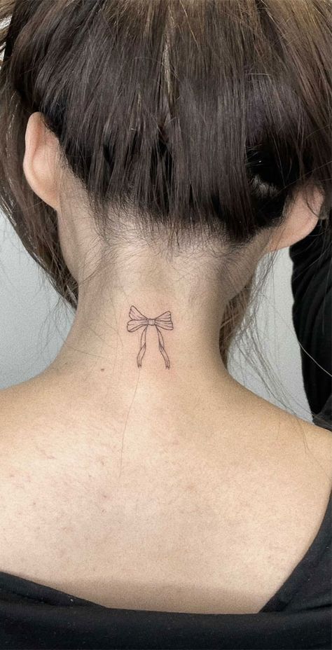 Small Tattoo Ideas, Simple Tattoos, finger tattoos, simple tattoo ideas, cute tattoo ideas, butterfly tattoos, dainty tattoos, tiny tattoo ideas, small meaningful tattoos Bow Tattoo Back Of Neck, Simple Tattoos Finger, Tiny Bow Tattoo, Small Tattoo Ideas Simple, Dainty Neck Tattoo, Tattoo Ideas Small Meaningful, Tattoo Ideas Butterfly, Back Of Neck Tattoos For Women, Tattoo Ideas Cute