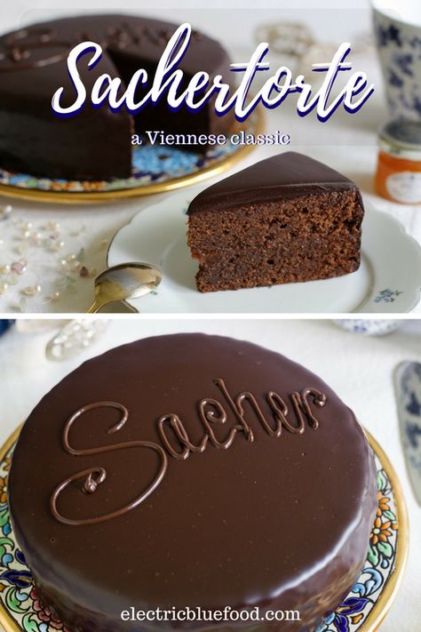 Sachertorte is a signature cake in Vienna, made famous at Hotel Sacher in the Austrian capital. A delicious chocolate cake with apricot jam. Austrian Chocolate Cake, Austrian Plum Cake Milk Street, Austrian Plum Cake, Chocolate Souffle Castella Cake, Sacher Torte Recipe, Sweet Breakfast Treats, Austrian Recipes, Decadent Chocolate Cake, Tasty Chocolate Cake