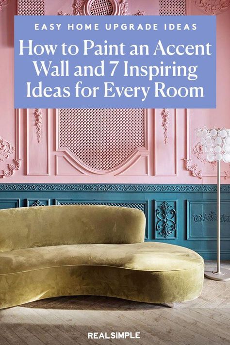 How to Paint an Accent Wall—Plus 7 Inspiring Ideas for Every Room | Want to add color to your room but are afraid to take the plunge? Try an accent wall—it'll add a focal point to the space without overwhelming the whole room. We share the best accent walls that add serious style points to any room and the home painting tips to help you get professional results. #homedecorideas #realsimple #decor #homeinspiration #detail Room With Different Colored Walls, How To Choose Accent Wall Color, Which Wall To Paint As Accent Wall, Painted Accent Walls In Living Room, Accent Wall Paint Ideas, Accent Wall Paint Colors, Accent Wall Entryway, Easy Home Upgrades, Pink Accent Walls