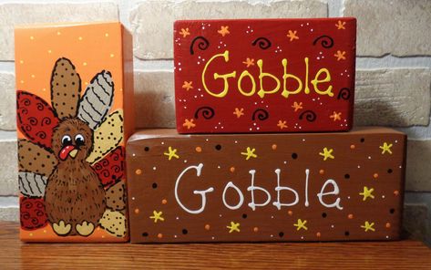 Gobble Gobble 3 Pc. Turkey WOOD BLOCK Shelf Sitter SET Thanksgiving Fall Autumn Chunky Sign Handcrafted Hand Painted Wood Wooden Thanksgiving Mantle, Thanksgiving Wood Crafts, Painted Blocks, Counter Shelf, Diy Turkey, Wood Block Crafts, Outdoor Display, Block Craft, Gobble Gobble