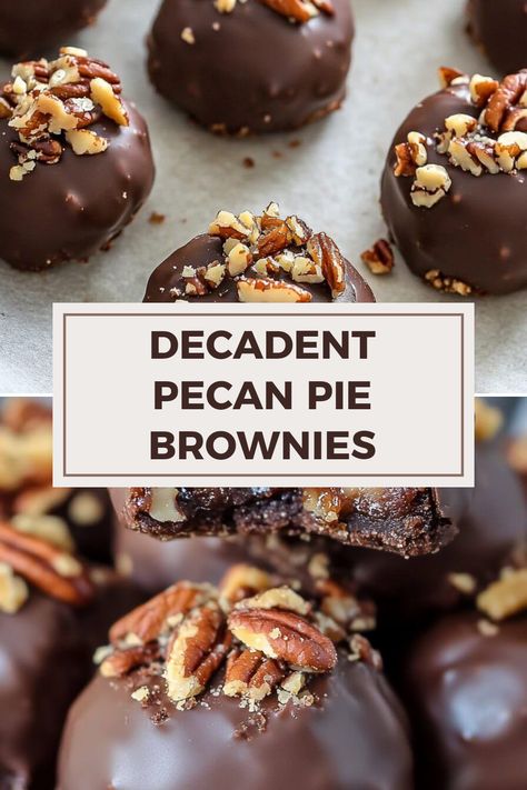 This pin showcases two stunning images of Decadent Pecan Pie Brownies, highlighting their fudgy texture and delicious pecan pie filling. These treats feature a delightful chocolate drizzle for an irresistible dessert. Perfect for anyone looking for a scrumptious homemade dessert idea. Pecan Pie Brownie Bites, Brownie Bomb, Brownie Pecan Pie, Gooey Pecan Pie, Pecan Pie Brownies, Pecan Brownies, Pie Brownies, Brownies From Scratch, Pecan Pie Filling