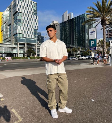 Outfits With Air Force Ones Men, Tall Guy Outfits Mens Fashion, Miami Outfits Men, Miami Mens Fashion, Night Out Outfit Men, White Polo Shirt Outfit, Air Force 1 Outfit Men, Polo Shirt Outfit Men, Polo Shirt Outfits