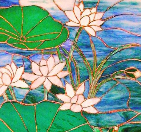 Water lily detail Water Lily Stained Glass Pattern, Stained Glass Water Lily, Stained Glass Water, Sgraffito Designs, Painting On Glass Windows, Stained Glass Door, Glass Painting Designs, Mosaic Tile Art, Stained Glass Paint