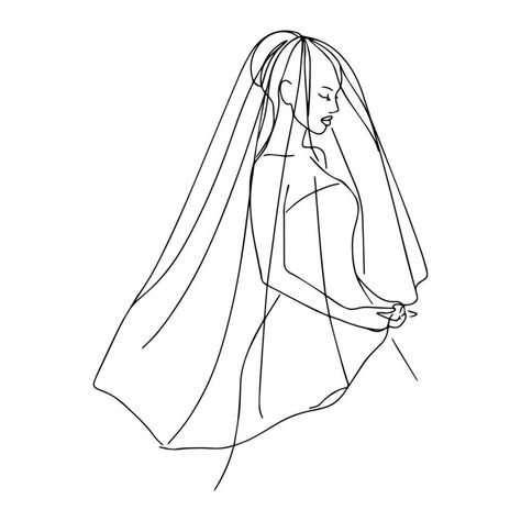 Bride in a wedding veil. Side view of a one line silhouette of a bride in a wedding dress. Continuous line hand drawn vector illustration for wedding, wedding party invitation Veil Sketch, Veil Illustration, One Line Silhouette, Line Silhouette, Wedding Party Invites, Hand Drawn Vector Illustrations, Wedding People, A Wedding Dress, Heart Tree