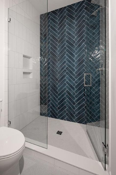 Walk In Shower with Blue Herringbone Tiled Accent Wall - Transitional - Bathroom Blue Herringbone Tile Bathroom, Tiled Accent Wall, Blue Herringbone Tile, Herringbone Tile Bathroom, White Shower Tile, Blue Shower Tile, Tile Walk In Shower, Tile Accent Wall, Blue Bathroom Tile