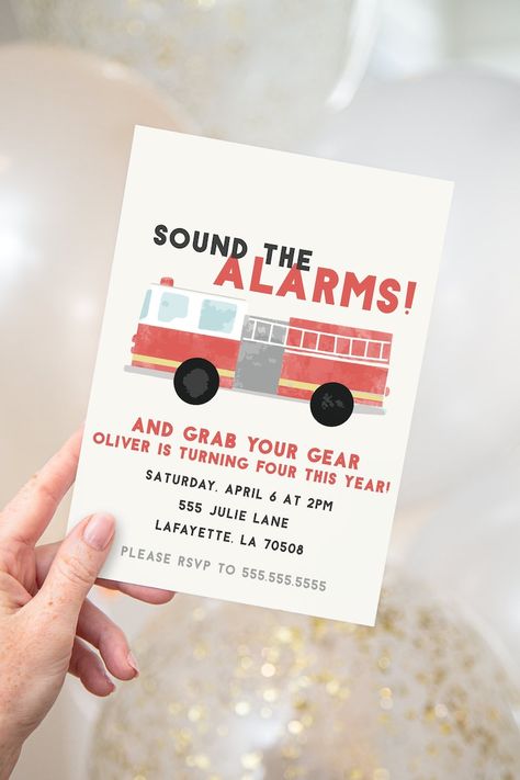 Printable Watercolor Firetruck Birthday Party Invitation | Etsy Fire And Rescue Birthday Party, Fire Truck 3rd Birthday Party Ideas, Fireman Birthday Theme, Firefighter Birthday Theme, Firefighter Themed Party, Firefighters Birthday Party Ideas, Fire Truck Birthday Theme, Cute 1st Birthday Themes For Boys, Fire Truck 3rd Birthday Party