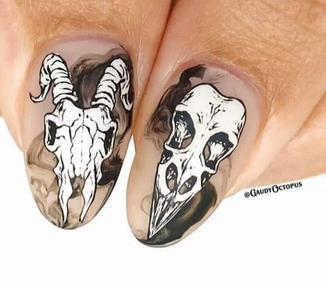 Smokey Nail Art, Black Nails With Skulls, Pagan Nails, Taurus Nails, Goat Nails, Skull Nail Designs, Nails Gothic, Skull Nail Art, Horror Nails