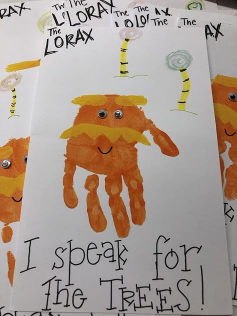 Storybook Preschool Activities, Truffle Trees Dr Suess, Book Themed Crafts For Preschool, The Lorax Activities Preschool, Dr Susse Crafts, Doctor Suess Crafts, Lorax Activities Preschool, Preschool Book Crafts, Lorax Handprint Craft