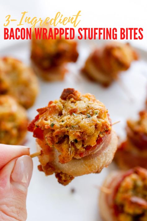 These 3-Ingredient Bacon Wrapped Stuffing Bites are the easiest Thanksgiving appetizer to make for a family dinner or party! Stuffing Wrapped With Bacon, Stuffing Bites Thanksgiving, Bacon Wrapped Stuffing Bites, Thanksgiving Stuffing Appetizers, Turkey Bites Appetizers, Turkey Bacon Appetizers, Stuffing Appetizer Recipes, Thanksgiving Small Bites, Stuffing Appetizer