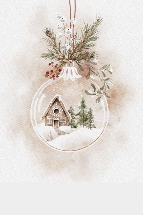 Christmas Aesthetic Artwork, Christmas Card Wallpaper, Aesthetic Christmas Clipart, Christmas Aesthetic Card Ideas, Christmas Wallpaper Watercolor, Watercolor Christmas Illustration, Christmas Watercolor Ornaments, Winter Drawing Aesthetic, Winter Aesthetic Painting